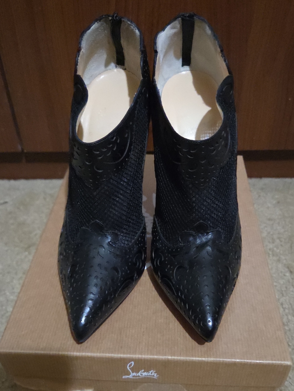 Christian Louboutin Black Pointed Mesh & Perforated Leather Booties